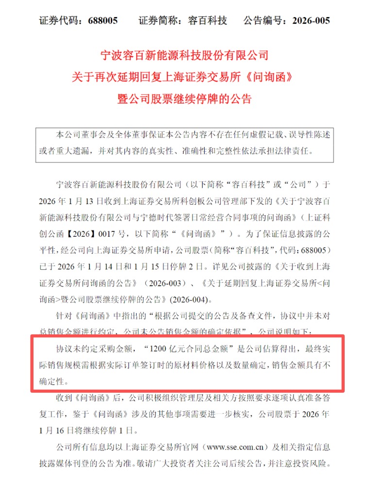 容百科技深夜公告:1200亿元合同金额“有不确定性”(3) 容百科技深夜公告:1200亿元合同金额“有不确定性”(3)
